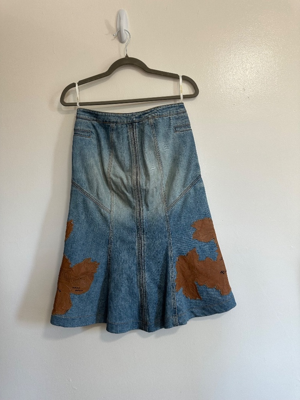 Vintage y2k Robert Cavalli Denim Mermaid Skirt with Leather Patch Detail - Picture 2 of 11